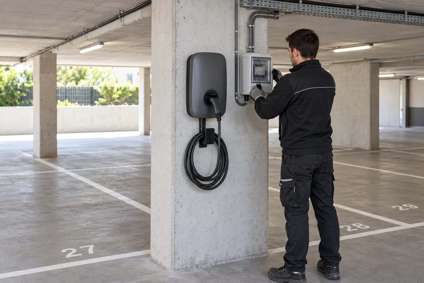 Électricien posant un point de charge pour véhicule électrique dans le parking d'une copropriété, comme à Meudon (92190)