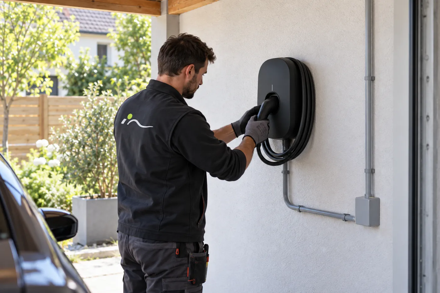 Électricien posant une borne de recharge murale pour véhicule électrique dans un garage à Vélizy-Villacoublay (78140)